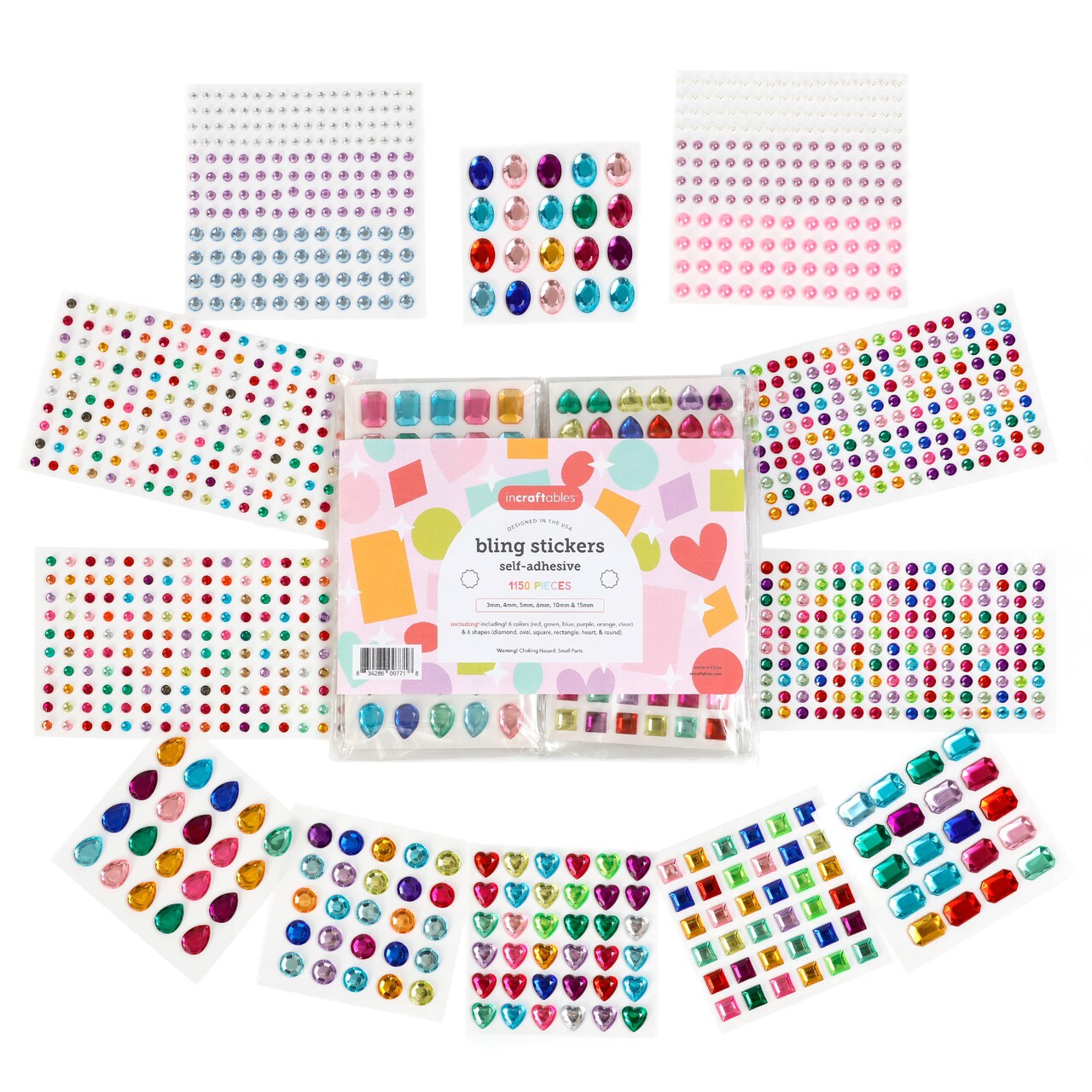 Incraftables Rhinestone Stickers 1150 pcs. Best Self Adhesive Multicolor Sticker Gems for Crafts. (3mm - 15mm) Bling Stick On Gems for Crafts. Assorted Diamond Crystal Jewel Stickers for Kids & Adults